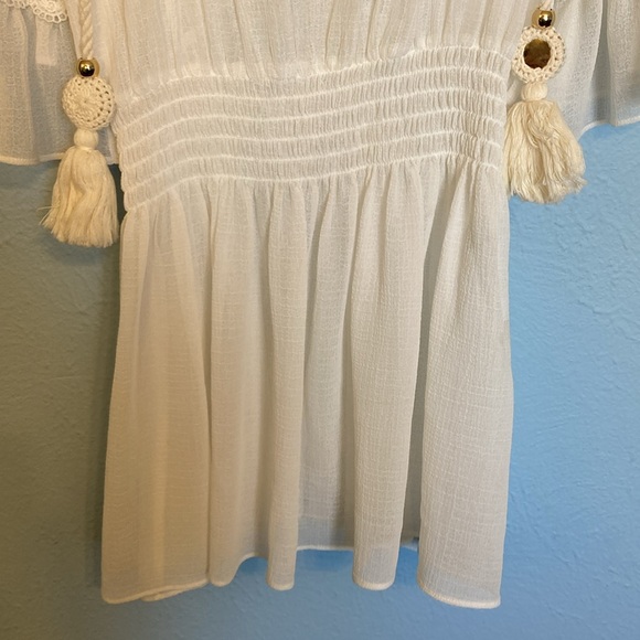 Ramy Brook Womens Size XS White Sheer Beach Swim Cover Up Smocked Waist Tassels - Picture 4 of 12